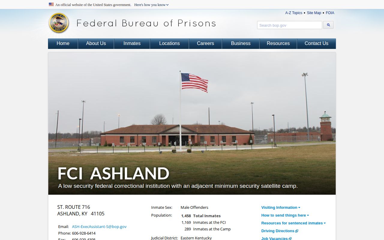 Official BOP page for FCI Ashland and its satellite camp