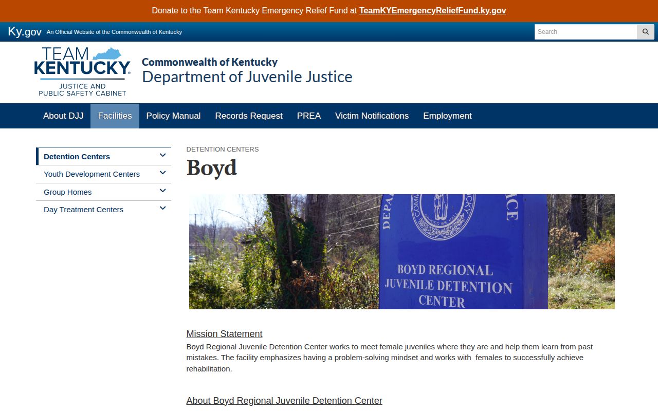 Official Kentucky DJJ page for Boyd Regional Juvenile Detention Center