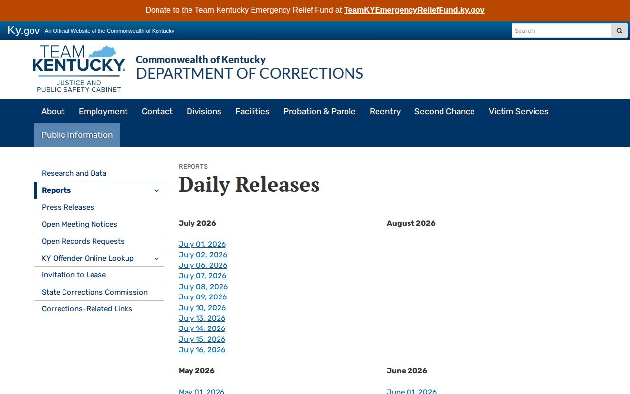 KY DOC daily released inmate records including Boyd County